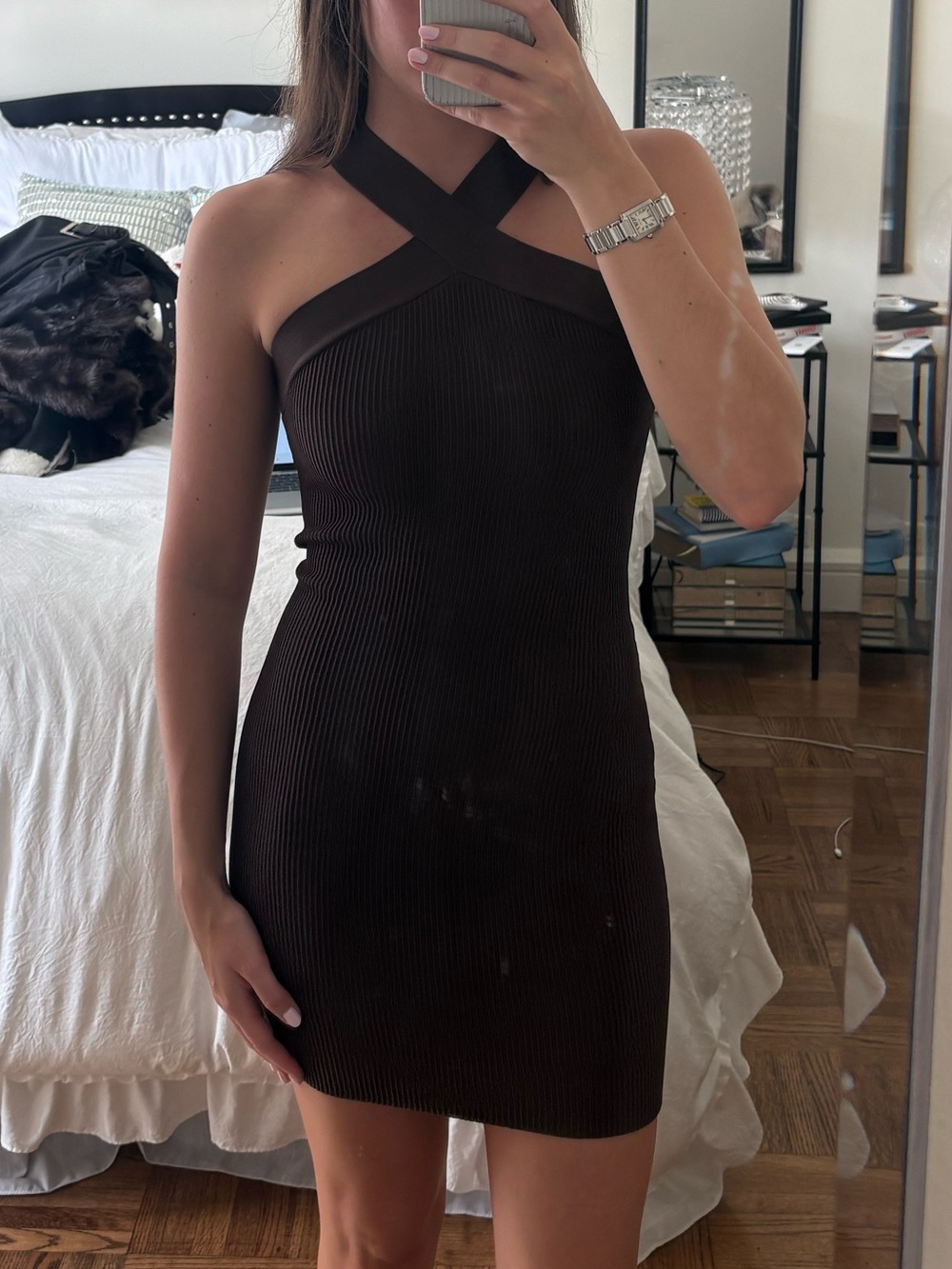 Aritzia Babaton Cross-Halter Ribbed Mini Dress in Dark Brown